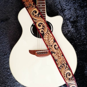 Hand Carved Leather Guitar Strap, Custom and Personalized options with Your Initials, adjustable, Flowers Design, For Acoustic or Electric