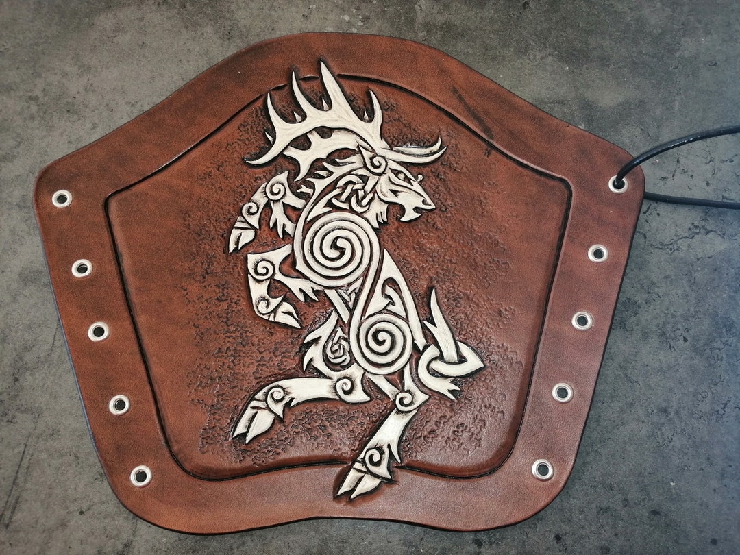 Leather Archery Bracer, Hand Tooled Armguard. Celtic Stag Design.larp