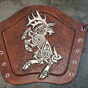 Leather Archery Bracer, Hand Tooled Armguard. Celtic Stag design.LARP