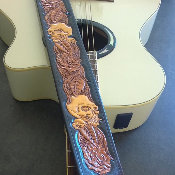 Carved Leather Guitar Strap, Hand Tooled, Can be Personalized with Your Initials,Skull and Roses design, For Acoustic or Electric