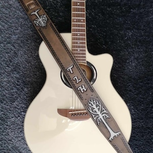 Carved Leather Guitar Strap, Hand Tooled, Can be Personalized with Your Initials,Tree of Gondor two trees, For Acoustic or Electric