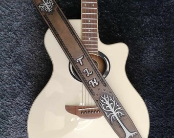 Correa de guitarra de cuero tallado, hecha a mano, se puede personalizar con sus iniciales, árbol de Gondor, dos árboles, para guitarra acústica o eléctrica