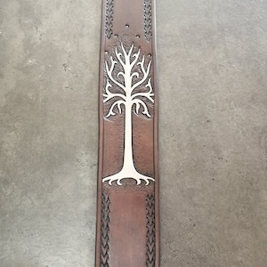 Hand Carved Leather Guitar Strap, Custom and Personalized options with Your Initials, adjustable. Tree of Gondor one tree