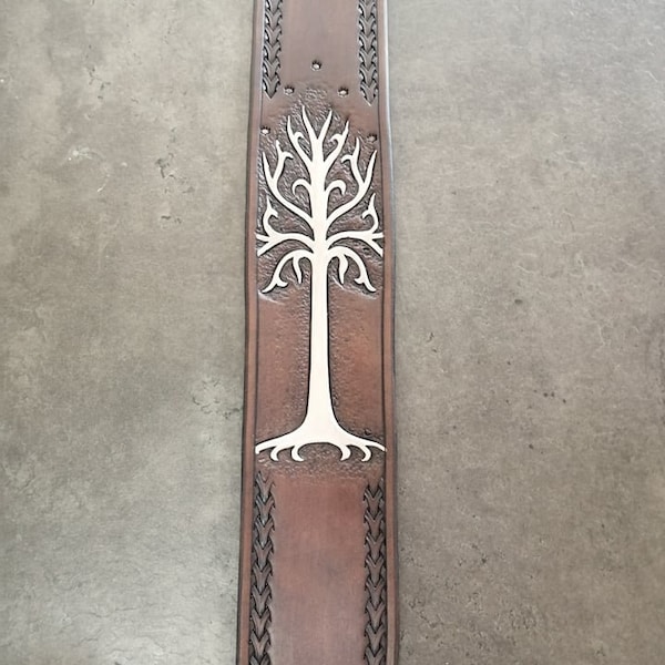 Hand Carved Leather Guitar Strap, Custom and Personalized options with Your Initials, adjustable. Tree of Gondor one tree