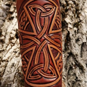Hand Carved Leather Archery Bracer, Armguard Celtic Cross Design LARP