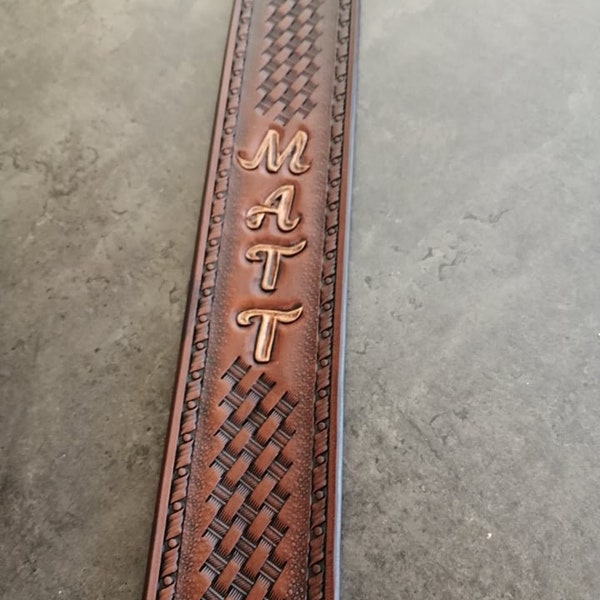 Hand Carved Leather Guitar Strap, Custom and Personalized options, adjustable, Name, Basket weave new. For Acoustic or Electric