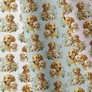 May include: Fabric with a repeating pattern of golden retriever dogs and puppies. The dogs are depicted in a realistic style, with a light brown and cream color palette. The background colors alternate between white, light blue, pink, and green.