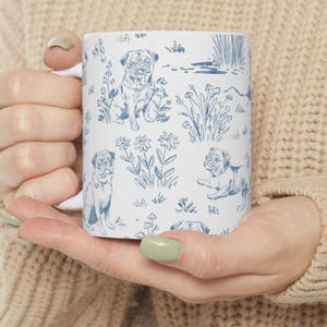 Pug Blue Toile Mug - Pet Lover Coffee Cup for Pug Moms, Tea Pet, Pet Lovers Gift, Toile Mug, Pug Mama