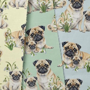 May include: Fabric featuring a repeating pattern of watercolor pugs and puppies with white flowers on a light yellow, green, and blue background. The pugs are tan with black faces.