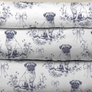 Pug Dog Blue Toile Fabric (Combed Cotton Prima)