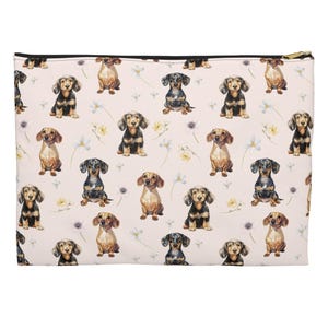 Monedero beige con flores de perro salchicha: monedero floral, regalo de verano para amantes de los perros, estampado botánico.