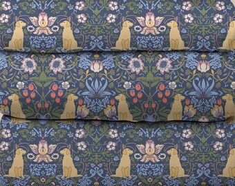 William Morris Inspired Golden Retriever Floral Fabric (Combed Cotton Prima) - Strawberry Fabric, Puppy dog navy blue fabric