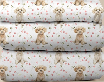Maltipoo Floral Fabric (Combed Cotton Prima) - Puppy Flowers Textile Home Decor, Girl Dog Fabric