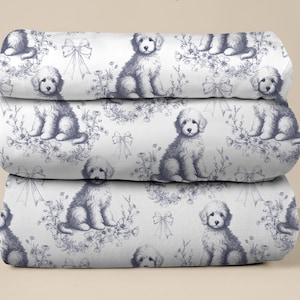 Golden doodle Dog Blue Toile Fabric (Combed Cotton Prima) - Puppy Textile Home Decor, Goldendoodle Dog Fabric