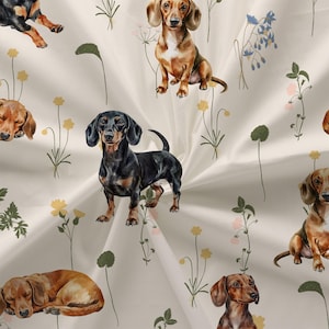 Dachshund Beige Flowers Dog Floral Fabric (Combed Cotton Prima) - Doxie Textile Home Decor, Wildflowers Fabric, Floral Textile