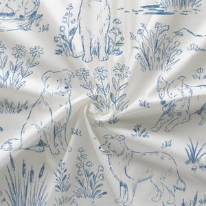 Border Collie Dog Country Fabric (Combed Cotton Prima) - Dog Chinoiserie Textile Home Decor, Blue Toile Pattern Toile de Jouy