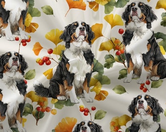 Bernese Mountain Dog Autumn Fabric (Combed Cotton Prima) - Fall floral Print Textile, Baby nursery puppy fabric