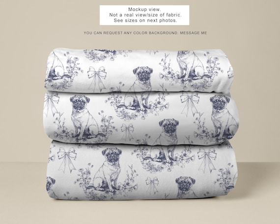 Pug Dog Blue Toile Fabric (Combed Cotton Prima) - Puppy Textile Home Decor, Pug Boy Dog Fabric, Little boy quilt fabric. Pug mom gift