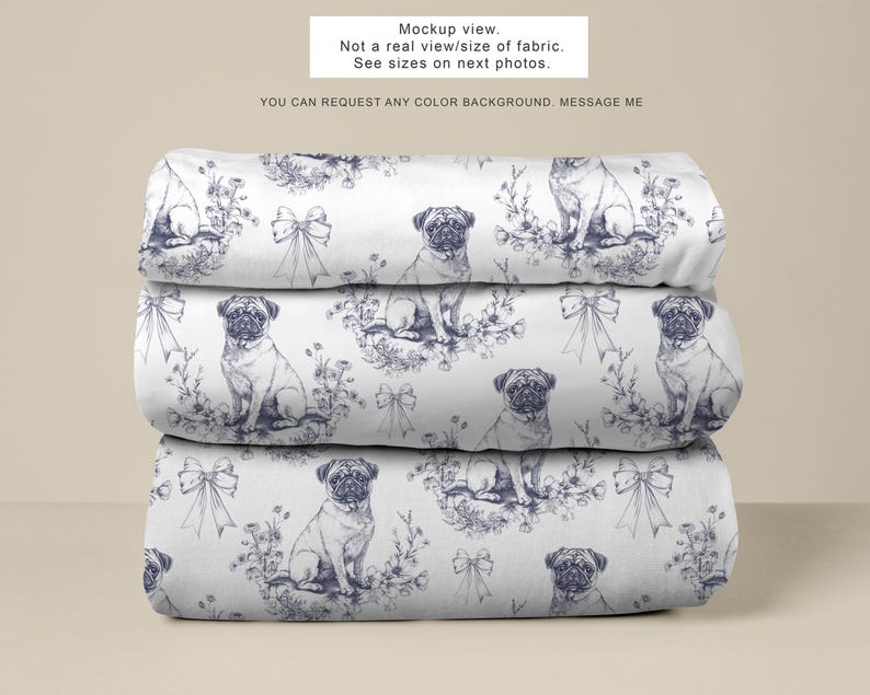 Pug Dog Blue Toile Fabric (Combed Cotton Prima)