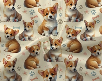 May include: A repeating pattern featuring adorable corgi puppies in various poses. The puppies have brown and white fur, with large ears and expressive eyes. The background is a light beige color, decorated with paw prints, bones, and floral accents.