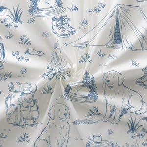 Camping Golden Retriever Dog Toile Fabric (Combed Cotton Prima) - Forest Textile Home Decor, Blue Toile Pattern Toile de Jouy