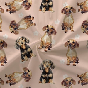 Dachshund Small Flowers Peach Color Floral Fabric (Combed Cotton Prima) - Doxie Print Textile, Baby nursery puppy fabric