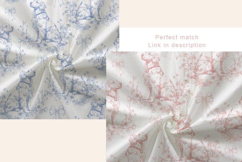 May include: White fabric with a repeating pattern of dogs, bows, and floral elements in blue and pink. The fabric is folded, showing the texture and design details. The text "Perfect match" and "Link in description" is visible.
