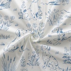 Dachshund Dog Country Fabric (Combed Cotton Prima) - Doxie Chinoiserie Textile Home Decor, Blue Toile Pattern Toile de Jouy