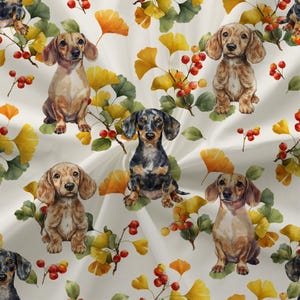 Dachshund Autumn Leaves Floral Fabric (Combed Cotton Prima) - Weiner Dogs Textile Home Decor, Doxie Floral Pattern Fabric