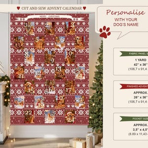 May include: A red and white fabric advent calendar panel featuring golden retriever dogs in various holiday scenes, numbered 1 through 24. The panel includes text stating CUT AND SEW ADVENT CALENDAR, MERRY CHRISTMAS, and Personalise WITH YOUR DOG'S NAME.