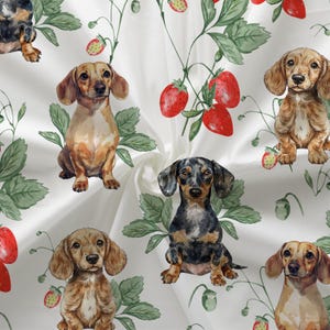 Dachshund Strawberry Dog Floral Fabric (Combed Cotton Prima) - Puppy Textile Home Decor, Summer Fabric, Floral Textile, Doxie Mom