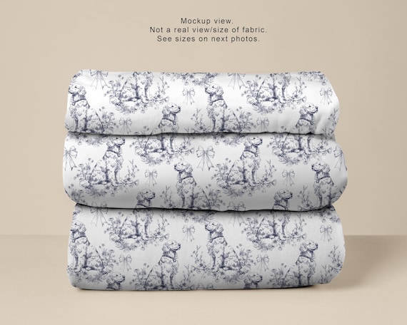 Golden Retriever Dark Navy Blue Toile Floral Bow Dog Fabric (Combed Cotton Prima) - Flower Fabric, Little Baby Boy Nursery Fabric