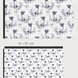 Pug Dog Blue Toile Fabric (Combed Cotton Prima) - Puppy Textile Home Decor, Pug Boy Dog Fabric, Little boy quilt fabric. Pug mom gift