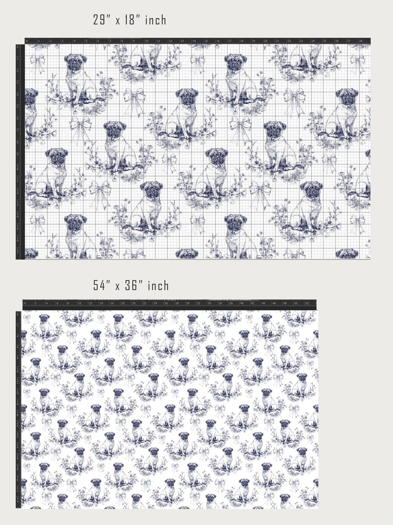 Pug Dog Blue Toile Fabric (Combed Cotton Prima) - Puppy Textile Home Decor, Pug Boy Dog Fabric, Little boy quilt fabric. Pug mom gift