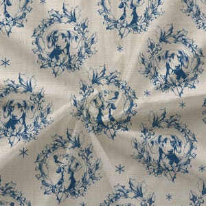 Winter Floral Dachshund Wreath Wtih Holly Berries Toile Fabric (Combed Cotton Prima) - Christmas Doxie Weiner Dog Pattern Fabric