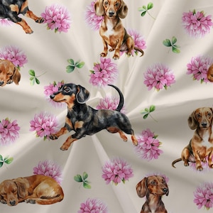 Dachshund Floral Fabric Beige Color (Combed Cotton Prima) - Beige Print Textile, Baby nursery doxie fabric