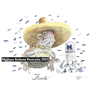 May include: A cartoon drawing of a bearded dragon wearing a sombrero and holding a tombstone that reads "M. Wolverines R.I.P."  The dragon is surrounded by blue confetti. The drawing is titled "Fiesta!"