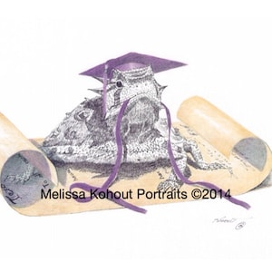 May include: A horned lizard wearing a purple graduation cap sits on a rolled up scroll with a purple ribbon. The scroll has text on it and the words "Melissa Kohout Portraits ©2014" are printed below the lizard.