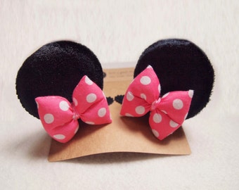 Minnie Mouse Ear Hair clip with bow , Mickey Mouse Ear Hair clip with bow, Disney Party Prop, Gift for children * 1 Pair