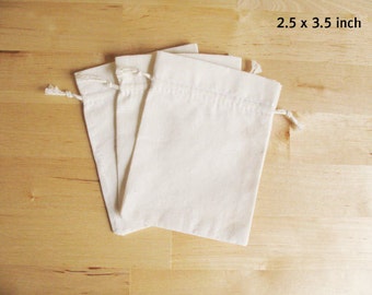 Tiny Small Plain Muslin Bag 2.5" x 3.5", Hand Stamped Muslin Bags, Cotton Muslin Bags, Natural Cotton Muslin Drawstring Bags * 12 pcs