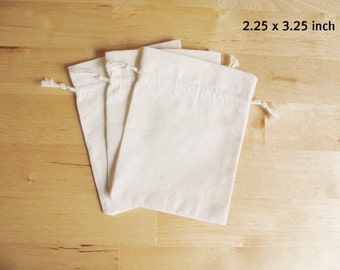 Tiny Small Plain Muslin Bag 2.25" x 3.25", Hand Stamped Muslin Bags, Cotton Muslin Bags, Natural Cotton Muslin Drawstring Bags * 12 pcs