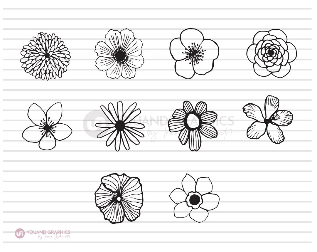 Various Flowers Bundle SVG Clipart Illustrations Set, Hand Drawn Floral ...