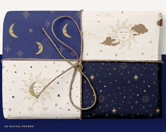 Peut inclure: Un ensemble de quatre papiers numériques avec des motifs célestes en or et bleu. Les motifs comprennent un soleil, une lune, des étoiles et des nuages.