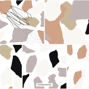 May include: Abstract digital art print featuring a pattern of irregular shapes in black, brown, beige, and gray on a white background. The print is divided into four sections, with each section featuring a slightly different arrangement of shapes.