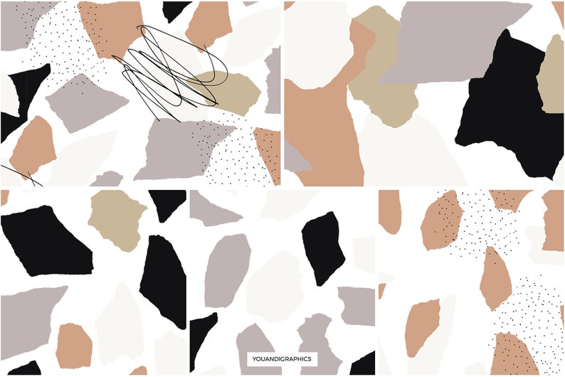 May include: Abstract digital art print featuring a pattern of irregular shapes in black, brown, beige, and gray on a white background. The print is divided into four sections, with each section featuring a slightly different arrangement of shapes.