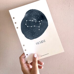 Gemini Zodiac Constellation Single Printable Planner Dashboard. Divisor de planificador, imprimible en astrología, 8 tamaños de planificador incluidos