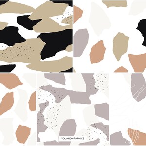 May include: Four seamless patterns featuring abstract shapes in various shades of brown, beige, gray, and white. The patterns are arranged in a grid format.