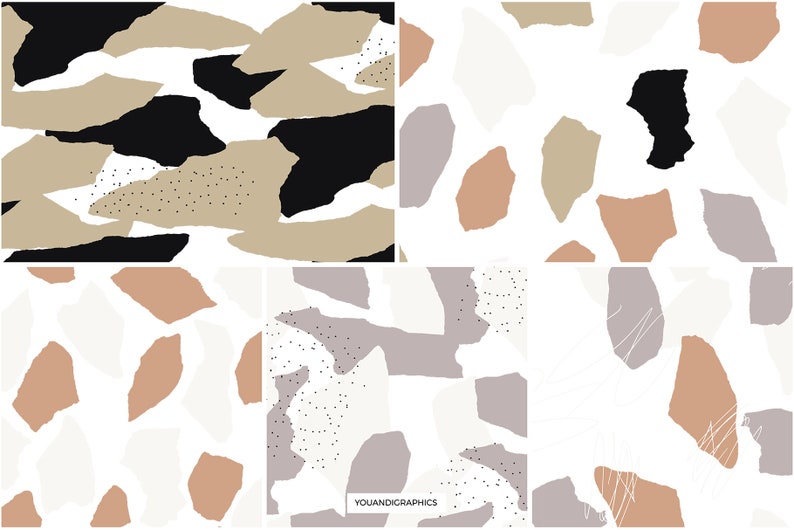 May include: Four seamless patterns featuring abstract shapes in various shades of brown, beige, gray, and white. The patterns are arranged in a grid format.