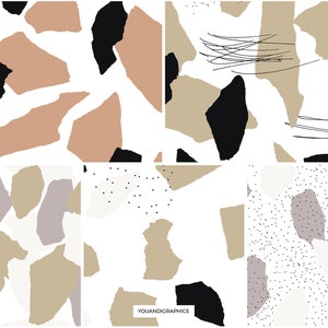 May include: Set of six seamless patterns featuring abstract shapes in black, brown, beige, and gray on a white background. The patterns include geometric shapes, dots, and lines.