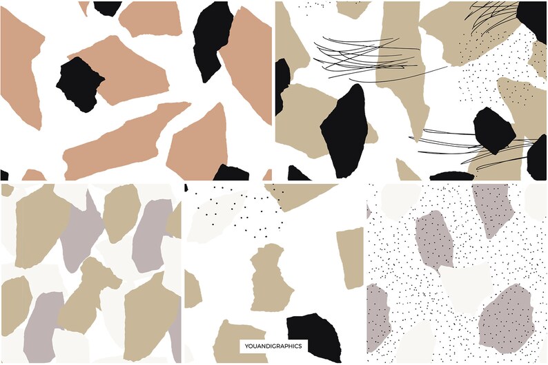 May include: Set of six seamless patterns featuring abstract shapes in black, brown, beige, and gray on a white background. The patterns include geometric shapes, dots, and lines.
